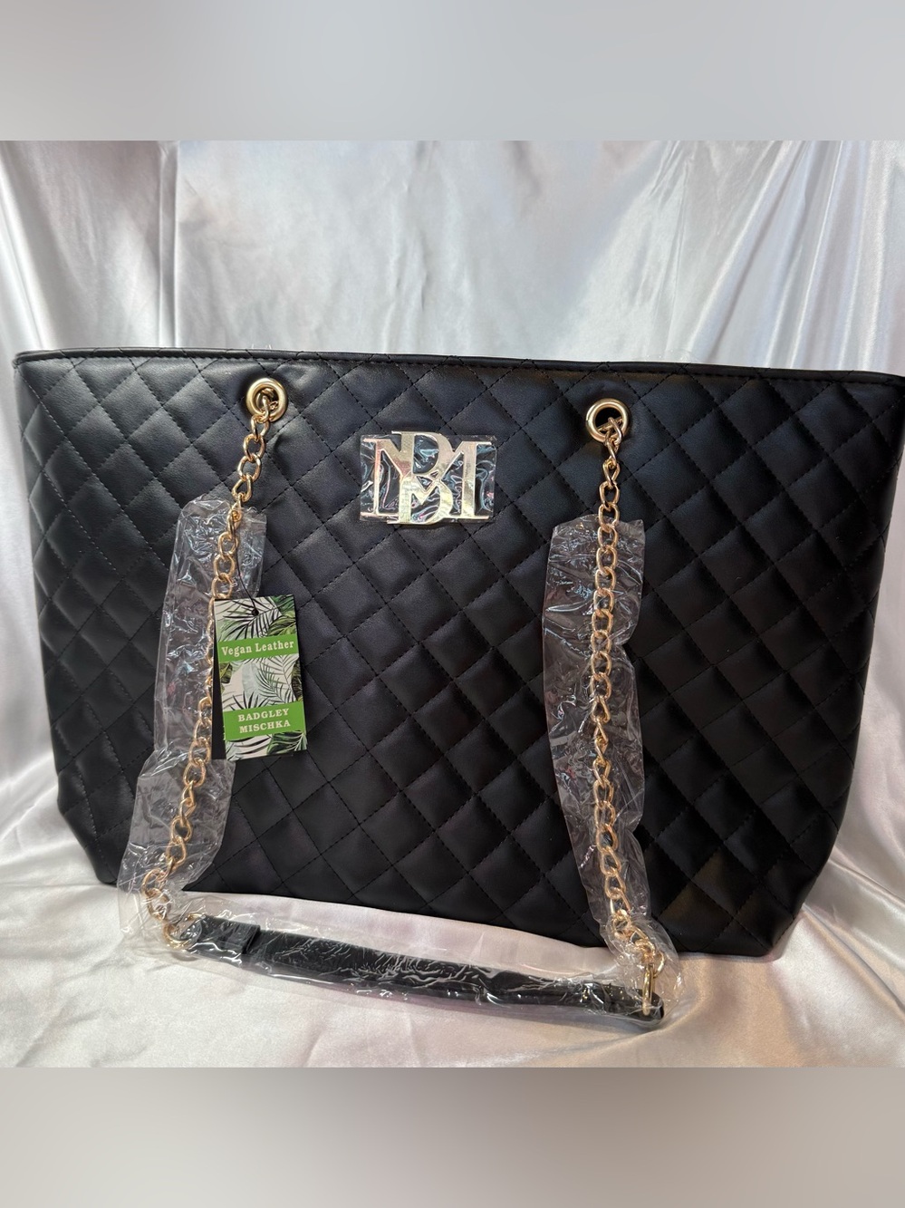 Badgley Mischka Black Quilted Vegan Leather Tote Bag Gold Chain NWT Large Luxury